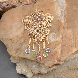 Vintage Gold Tone  and Multicolor AB Gemstone Brooch With Articulated Dangles